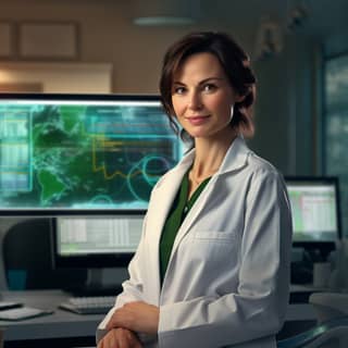 Dr Lena Bergmann sympatic and a middle-aged Caucasian female epidemiologist She is wearing a white lab coat has dark hair