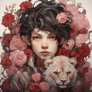 an illustrative drawing of a leon with roses peonies, a boy with flowers and a lion