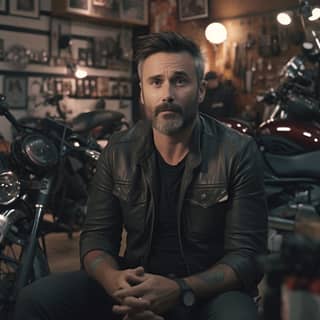 man talking infront of the camera sitting down+inside a motorcycle store+talking heads compostion+in 16:9 aspect ratio** -
