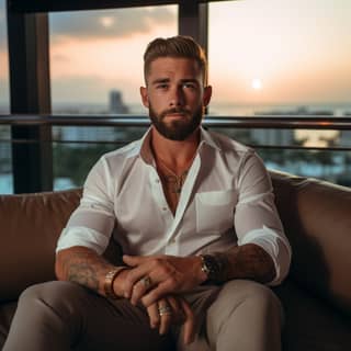 In penthouse sunset Young adult guy slick back hairstyle and a full beard brunette Holding cuban cigar with left hand