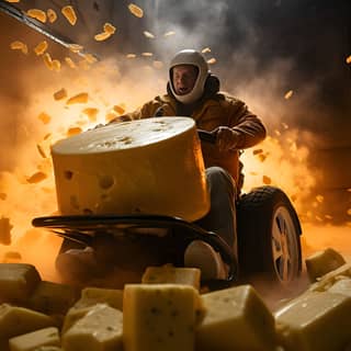 A scene from a 2019 action film called Catch that wheel of cheese