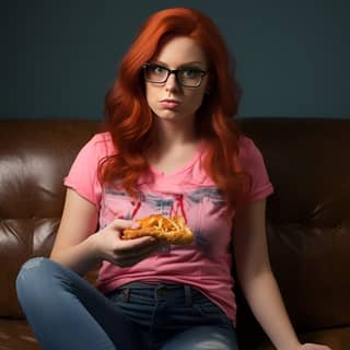 nerdy long red hair glasses jeans blouse sitting on the couch eating chinese takeout