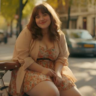 a pleased chubby obese woman in a minidress and high heels with sheer pantyhose in her 20s in a random scene movie