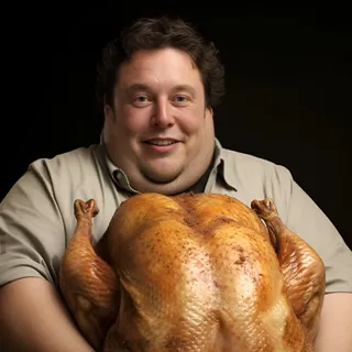 fat happy turkey photo-realistic, holding a large turkey in front of him