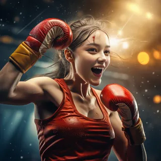 pretty female boxer winning fight happy glorious victorious with defeated opponent