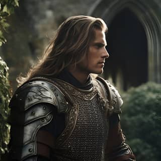 A english medieval knight named Arnold with a long light hair talking in a medieval castle garden cinematic shot + photo