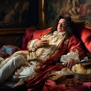 Louis XIV on a sofa eating chips and watching television