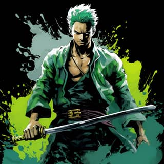 Zoro from OnePiece in a Majestic 8K Manga Representation Pop Art Definition Fighting Movement Clean Lanes lighting colors