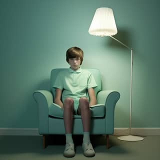 minimal 1960's style living room pastel blue colour theme light pale green armchair 14 year old boy including feet dressed