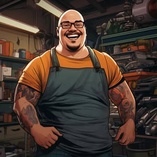short bald slightly obese Man with glasses wearing jeans t-shirt and sneakers in a tool room smiling happy