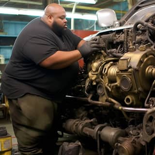 candid photo several extremely hyper-morbidly obese 800 lbs bearded bald swarthy mechanics working on the engine under the