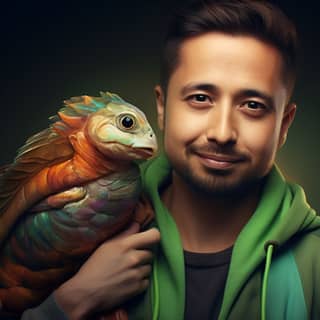 human with gieger creature companion, holding a colorful bird on his shoulder