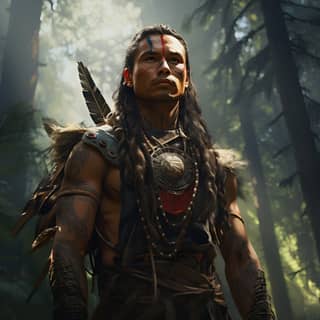 a Native American a bow and a quiver on his back looking angry his hand raised as a sign of halt in a forest of pines and