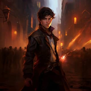 Victorian London handsome young teen boy monster-hunter warrior with dark hair and a brown jacket serious expression epic