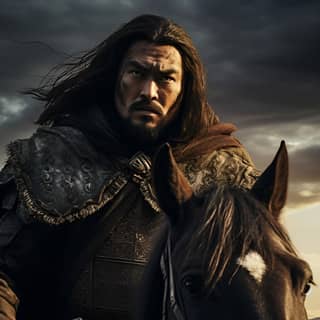 Create a hyperrealistic cinematic image depicting Genghis Khan riding swiftly on his horse with the sky taking on a dramatic