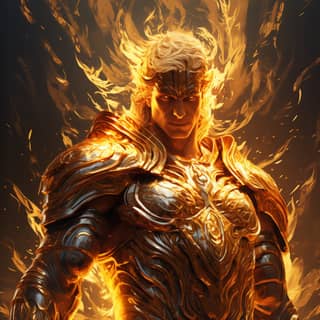 Human Warrior acquiring limitless gold power, the character is in flames and has a golden armor