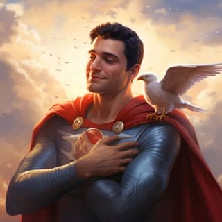 Illustrated Superman flying in the sky and hugging a bird