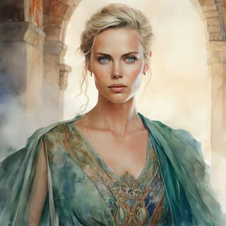 charlize Theron as an ancient queen with blue-green eyes wearing a draped dress