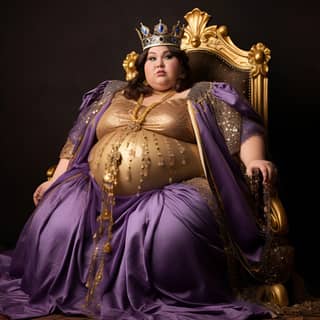 **extremely fat from My 600lb Life dressed in purple and gold medieval queen costume seated on a throne