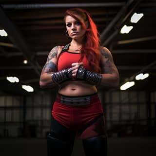 A female professional wrestler, with red hair and tattoos standing in an indoor gym