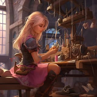 rear-view of a blonde-haired tough female gnome mechanic wearing a pink dress crafting a crude hanging harp pendulum that