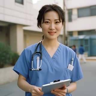 A Japanese female nurse outside a clinic fifty years old holding a clipboard raw photo--aspect 1:1