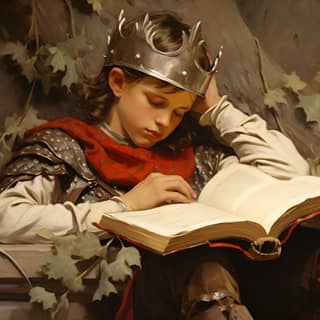 Kid reading book while day dreaming about being the knight in the book illustration by Norman Rockwell