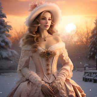 a beautifiul woman enjoying rococo fashion standing graceful beautiful smile nice winter sunset divine lovely Chiristmas