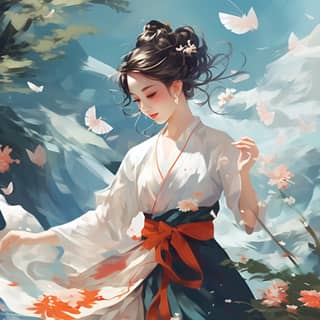A girl in Chinese costume holds a paper umbrella and dances in the river spring wind
