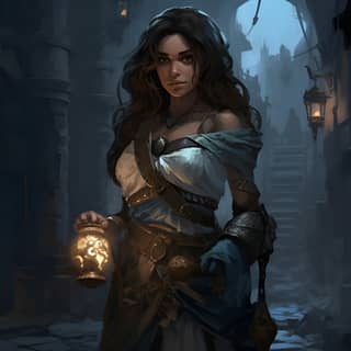 a spellcaster, in a dark alley holding a lantern