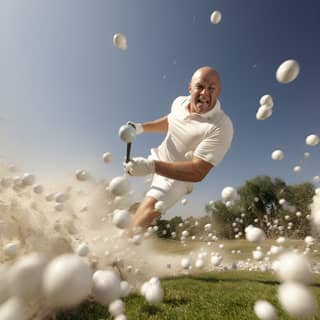A bald man on a golf course running while thousands of golf balls are flying towards him motion blur action highly detailled