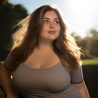 a cute fat obese woman sly smile plus-size silhouette with a large belly long brunette hair pushed back at the park in the