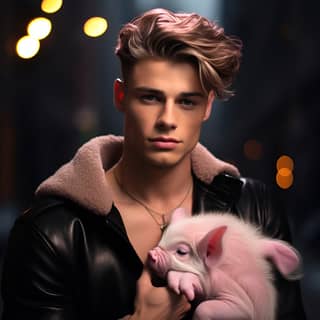 Gabriel the attractive androgenous muscular male vegan influencer holding a piglet baby pig