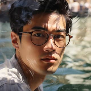 an asian man on a boat in the canals of venice wearing clear lensed glasses with a content expression as he looks at his