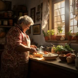 a house in southern italy a 80 year old chubby Italian woman in a house dress standing in the kitchen looking forward Sun is