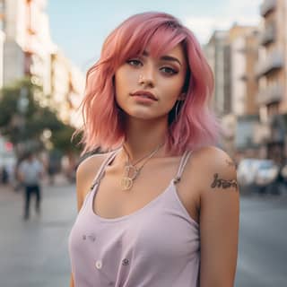 instagramer influencer woman 28 years looks like AITANA pink hair modern outfit in a city 50mm realistic 8k