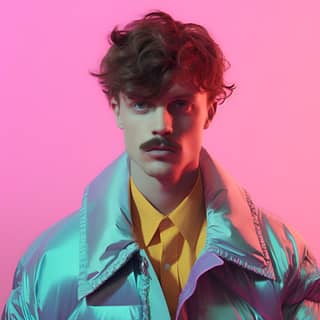 the handsome male model with short curly hair and a thick mustache like tom selleck in the style of rococo pastel hues