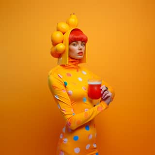 person in bright coloured outfit lemon for a head blue polka dots hypercolour holding milkshake no hat
