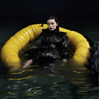 "the medusa raft" recreated as a balenciaga editorial, in a yellow life raft floating in water
