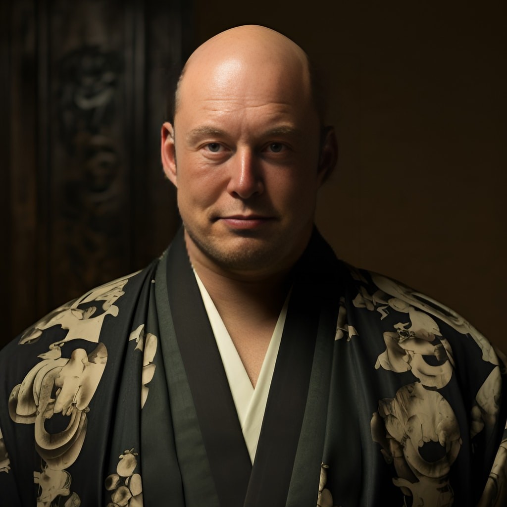 a fat strong Irish man 30 years of age half-smile scars black silk kimono bald full body