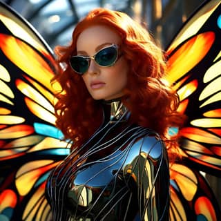 redhead butterfly woman with stained glass wings and bold curves shiny raytracing bold curves photo taken on phase one XF IQ4