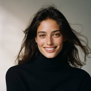 Beautiful 30 year old model with almond shaped eyes wearing black turtleneck cool and trendy by jacquemus smiling editorial