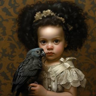 baby infant black hair cherub baroque with pet crow in the style of Andrea Kowch