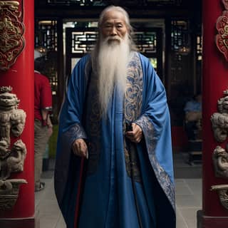 A Taoist standing at the entrance of a Taoist temple with a long white beard and a blue Taoist robe