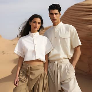 a two-pieces unisex collection in the Egyptian desert wearing the same elegant unisex blouse white beige or sand in silk