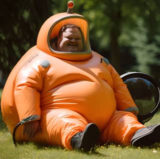 fat man wearing an orange inflateable space suit with helmet man is sitting in a park man is smiling man is extremely happy