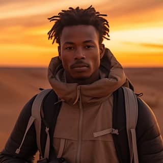 Front view young African Senegalese type 35 years old slim 1m 72 camera in hand and backpack in the dessert horizon made of