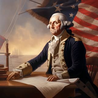Large American flag hanging behind George Washington, sitting at a table with an american flag behind him