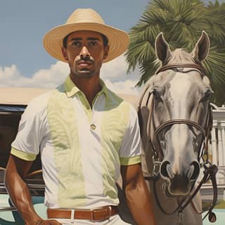 Rich Dominican Man arriving to his Polo Club, in a hat and a horse