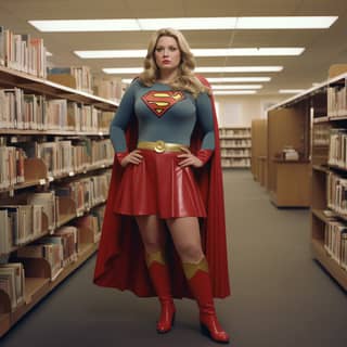 40yo fat woman wearing supergirl costume (1984 version) red skirt red boots take place at library